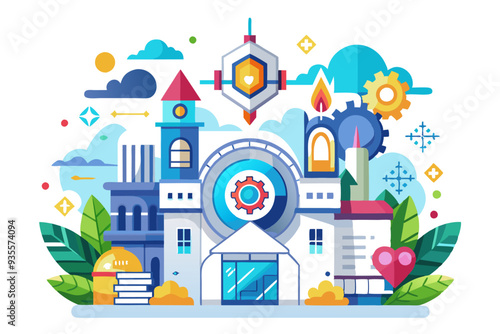 A Colorful Cityscape with Buildings, Clouds, and Gears