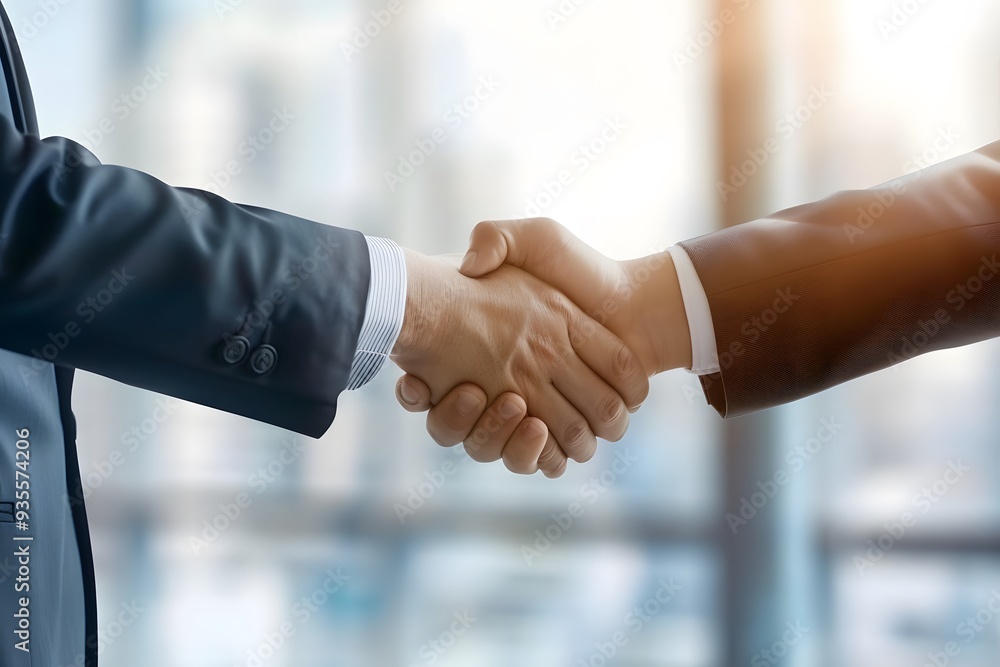 Two businessmen shaking hands in a formal office setting, symbolizing a successful business deal and partnership Two businessmen shaking hands in a formal office setting, symbolizing a successful business deal and partnership