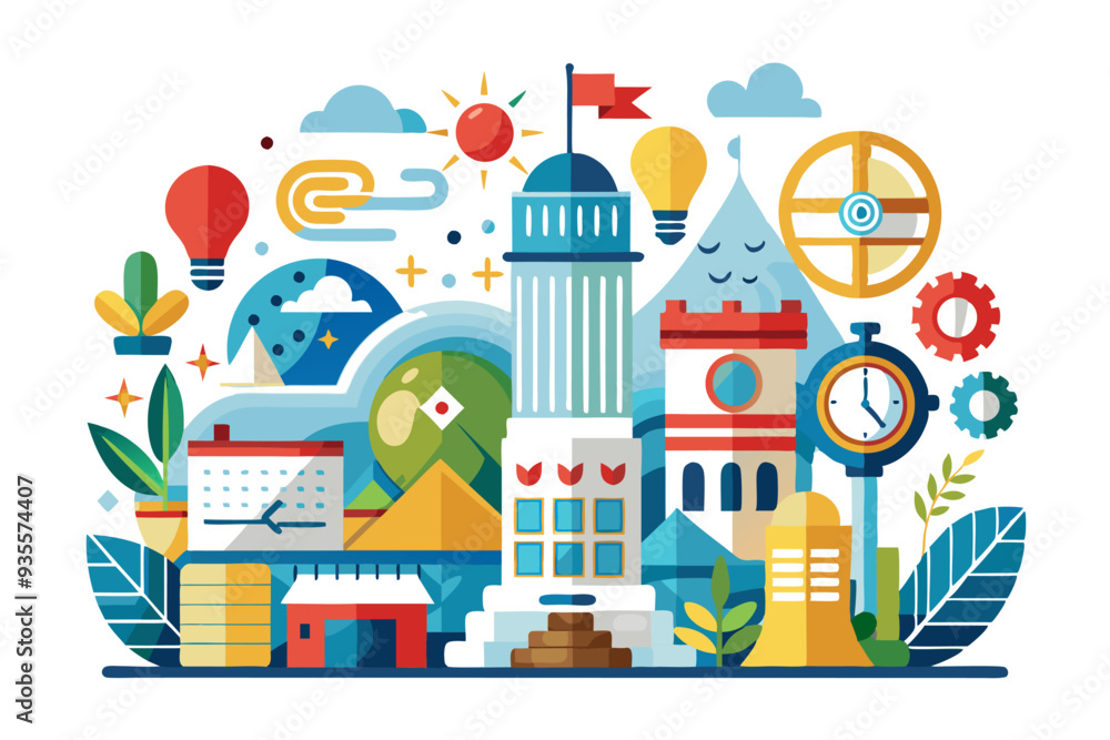 Abstract Illustration of a Cityscape with Buildings, Clocks, and Nature Elements Abstract Illustration of a Cityscape with Buildings, Clocks, and Nature Elements