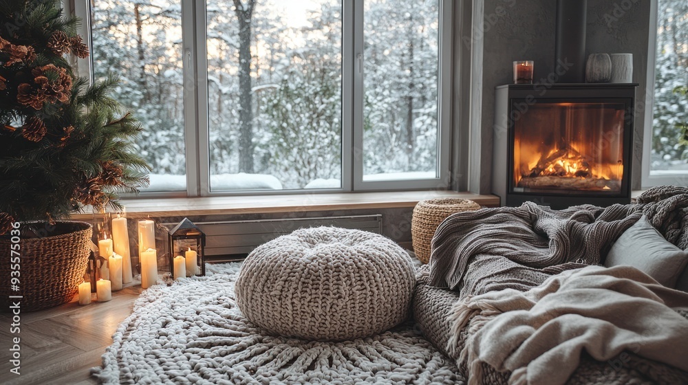 Fototapeta premium Tranquil Hygge Home: Cozy Living Room Interior with Warm Ambiance and Scandinavian Influence