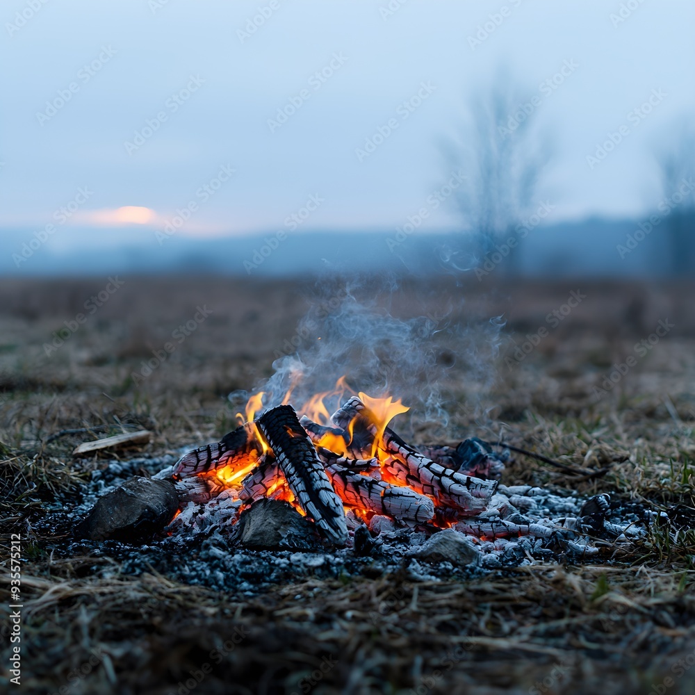 A smoldering campfire at dawn, with the last embers glowing as the sun rises. A smoldering campfire at dawn, with the last embers glowing as the sun rises.