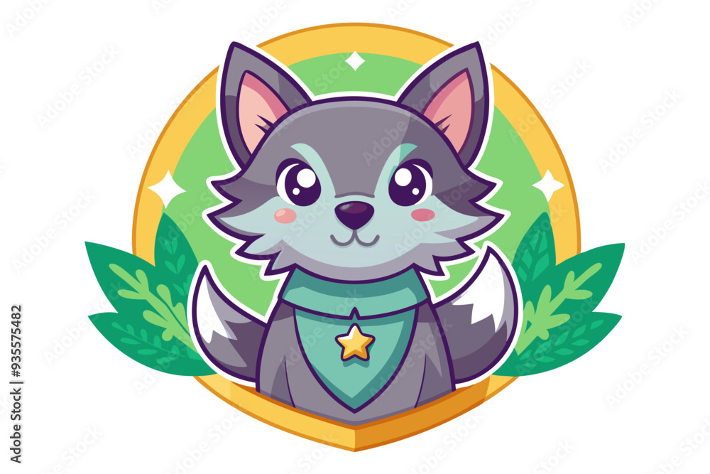 Obraz premium Cute Cartoon Wolf with a Star on its Neck in a Circular Frame with Leaves