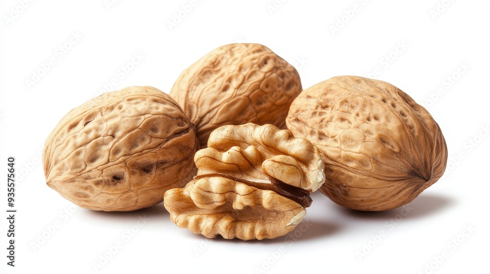 Close-up of three whole walnuts and one cracked walnut with the kernel exposed, isolated on white background. Close-up of three whole walnuts and one cracked walnut with the kernel exposed, isolated on white background.