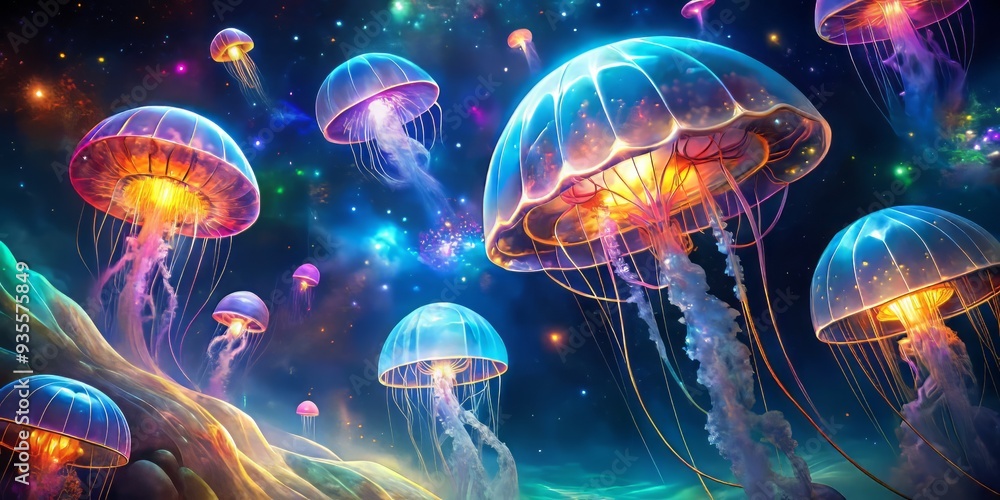 Robotic jellyfish float through deep space, stars twinkling, 3D rendering with bioluminescent trails, dreamy atmosphere, slow-motion effect, vibrant color palette, outer space exploration. Robotic jellyfish float through deep space, stars twinkling, 3D rendering with bioluminescent trails, dreamy atmosphere, slow-motion effect, vibrant color palette, outer space exploration.