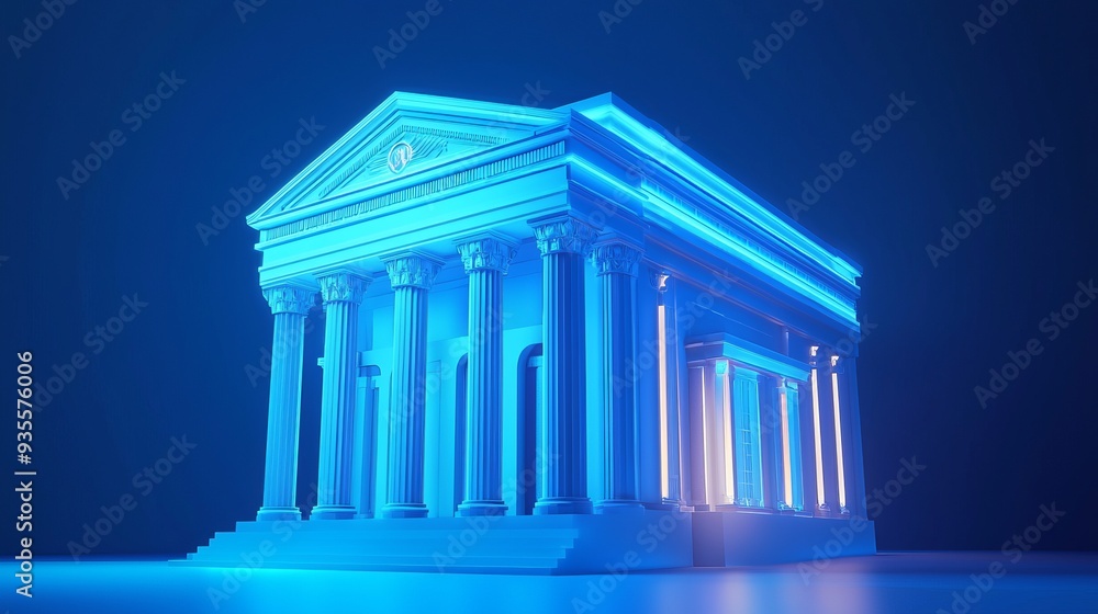 A stunning 3D model of a classical building illuminated with blue lights, symbolizing architecture and design. A stunning 3D model of a classical building illuminated with blue lights, symbolizing architecture and design.