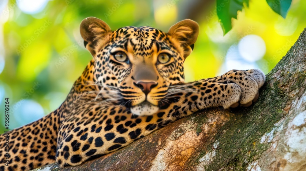 Leopard Resting on a Branch in a Lush Forest Leopard Resting on a Branch in a Lush Forest