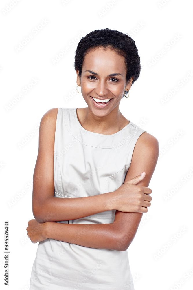 Arms crossed, laughing and portrait with business woman in studio isolated on white background. Confident, funny or smile and happy African employee with ambition for professional career growth Arms crossed, laughing and portrait with business woman in studio isolated on white background. Confident, funny or smile and happy African employee with ambition for professional career growth