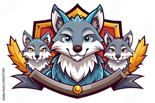 Three Cartoon Wolves Surrounded by Feathers and a Shield