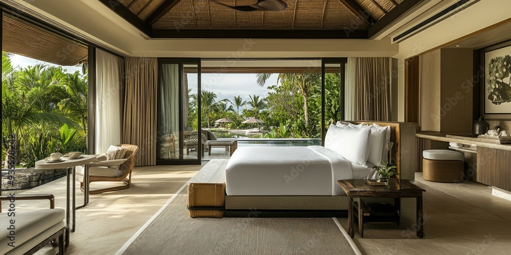 Naklejka premium Modern bedroom with pool view and natural light.