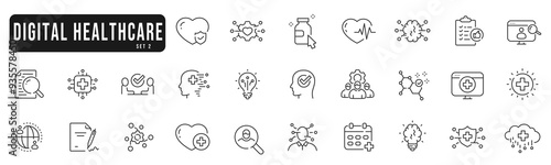 Digital health icons set. Tech, virtual, computing, online, medicine line icon set. Editable strokes. Part 2