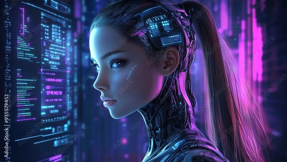 A beautiful female robot with blue eyes, a futuristic design, and colorful lights in the background A beautiful female robot with blue eyes, a futuristic design, and colorful lights in the background
