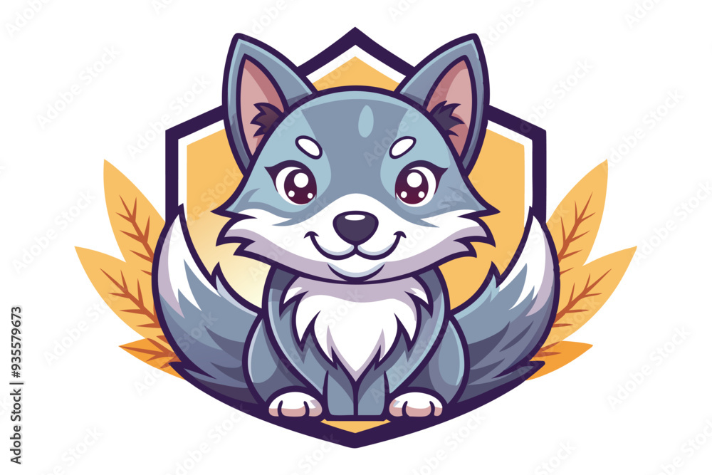 Obraz premium Cute Cartoon Gray Wolf with Big Eyes in a Shield Frame