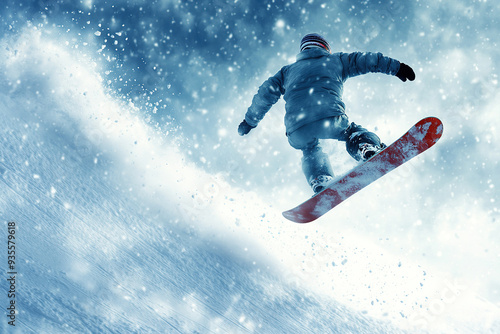 A snowboarder takes a leap off a snowy slope with a mountain backdrop. Ideal for winter sports, outdoor adventures, and extreme sports content.