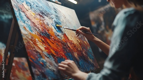 Female Artist Works on Abstract Oil Painting Moving Paint Brush Energetically She Creates Modern Masterpiece Dark Creative Studio where Large Canvas Stands on Easel Illuminated Low Ang : Generative AI