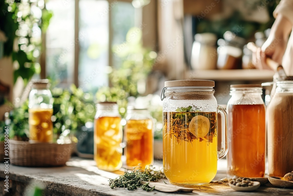 Homemade fermented kombucha tea with raw ingredients Homemade fermented kombucha tea with raw ingredients