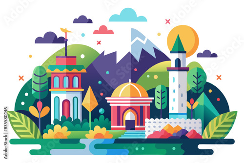 A Colorful Illustration of a Town With Buildings and Natural Features