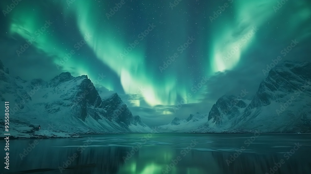 Northern Lights over the sea snowy mountains at starry winter night ...