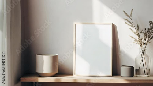 Realistic white poster mock up blank minimalistic background, artwork template, muted neutral colors	
