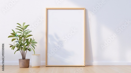 Wooden Frame Display on Floor, vertical wooden frame positioned on a wooden floor against a white wall, showcasing a mock-up design with ample free space for creative use
