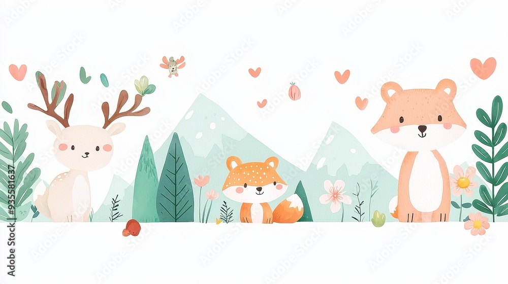 Whimsical Woodland Creatures, A charming watercolor depiction of deer, fox, bear, and vibrant flora set against a serene forest background, perfect for nursery decor. Whimsical Woodland Creatures, A charming watercolor depiction of deer, fox, bear, and vibrant flora set against a serene forest background, perfect for nursery decor.