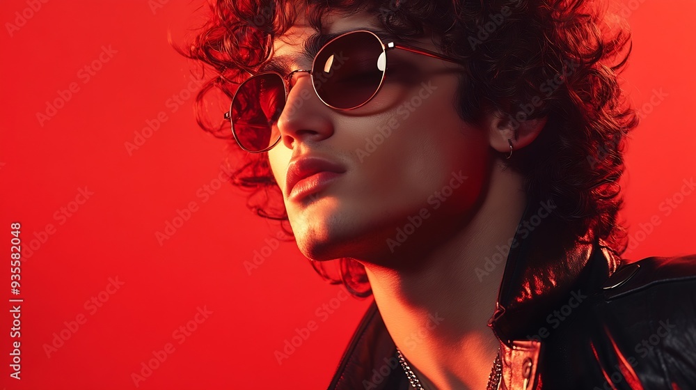 Portrait of fashion man with curly hair on red background with stylish glasses multinational colored light black leather jacket trend modern concept sexy body : Generative AI Portrait of fashion man with curly hair on red background with stylish glasses multinational colored light black leather jacket trend modern concept sexy body : Generative AI