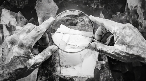 The asset features a composite collage image in black and white, showing hands holding a magnifying glass that enlarges graphics on paper. The visuals are isolated against background photo