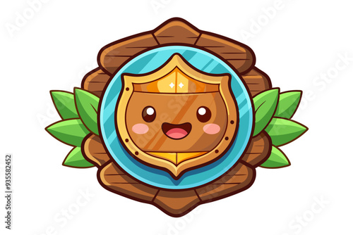 Happy Cartoon Shield on a Wooden Plaque with Green Leaves