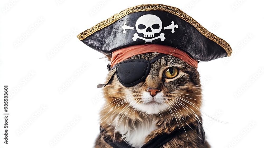 Obraz premium Funny animal costume of a cat pirate captain wearing a tricorn hat and eyepatch with skulls and crossbones isolated on a white background : Generative AI