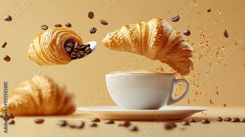 White coffee cup plate and metal tea spoon falling on beige table background and coffee splashes because of hit coffee beans levitate fly and fall to cup crispy fresh croissant Breakfa : Generative AI photo