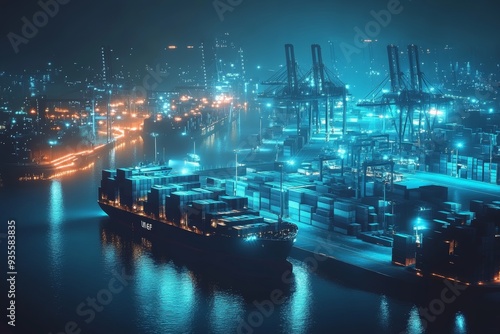 Futuristic port terminal with smart cargo ships and digital logistics illuminated at night