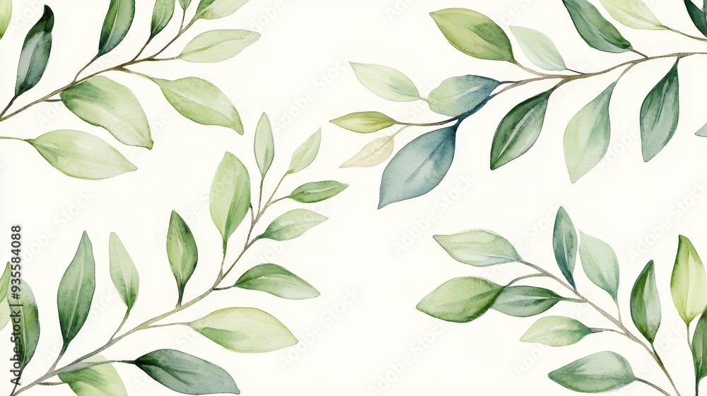 Naklejka premium Watercolor Green Leaves on White Background, Watercolor, Botanical Illustration, Leaves, Greenery