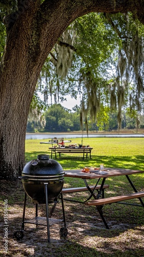 A black charcoal grill sits on a grassy lawn next to a picnic table with a lake in the background. photo