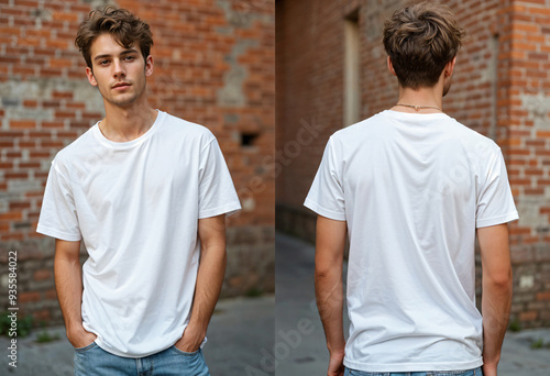 Front and back view male young man white t-shirt mockup model outdoor photo shot in front of a brick wall.