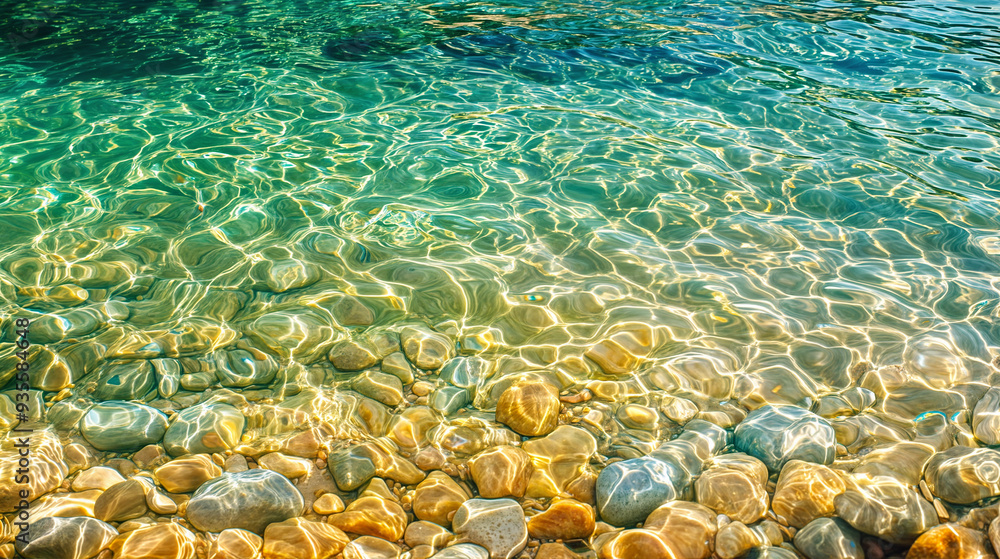 Obraz premium A clear, shallow water surface revealing sunlit stones underneath, creating a mesmerizing ripple pattern.
