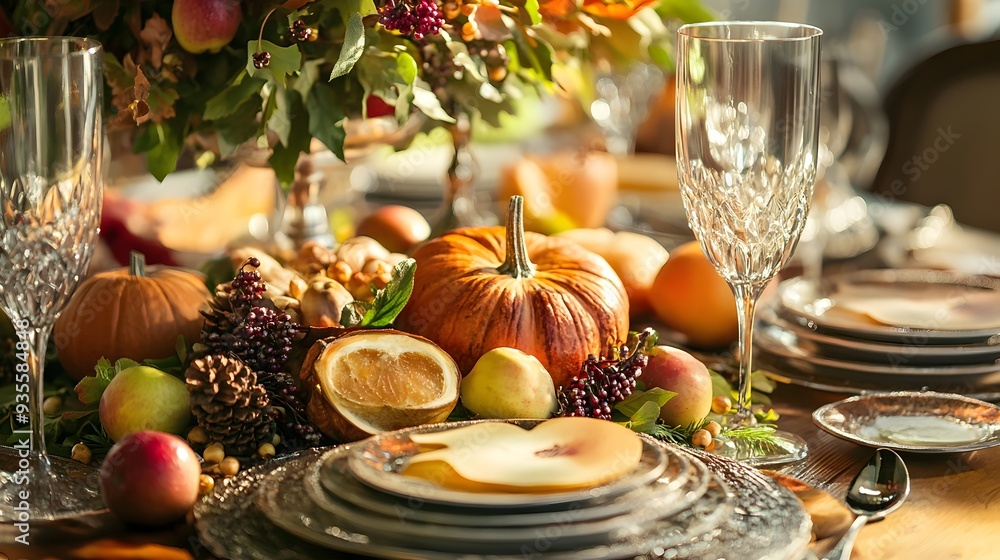 4. A festive table setting with Thanksgiving dishes and autumn decorations 4. A festive table setting with Thanksgiving dishes and autumn decorations