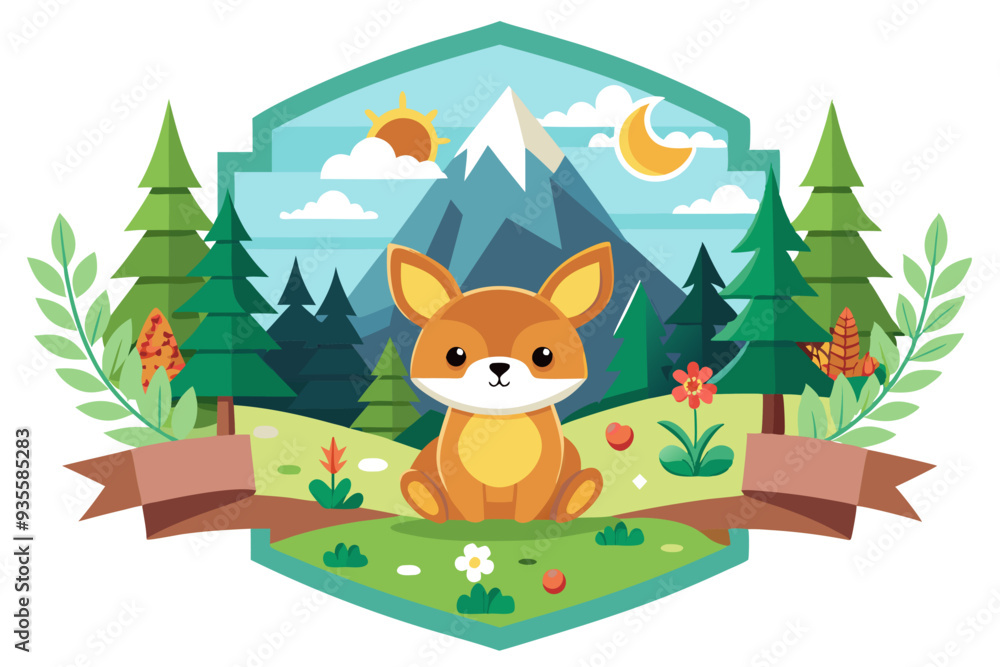 Obraz premium Cartoon Fox in a Mountainous Forest Setting with a Sun and Moon