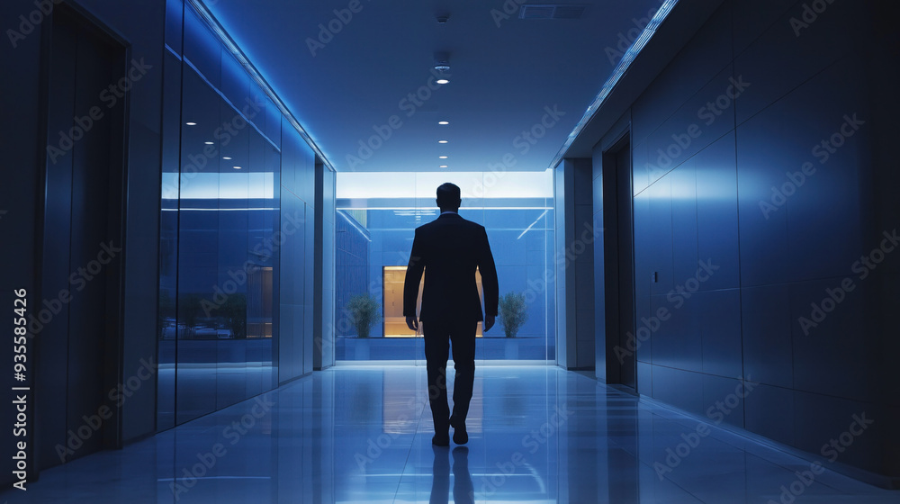 businessman walking in the corridor blue business office building interior businessman walking in the corridor blue business office building interior
