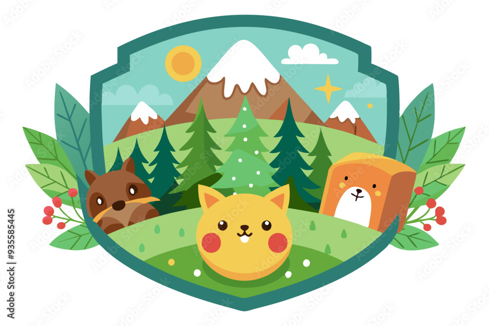 Cartoon animals in a mountain forest landscape Cartoon animals in a mountain forest landscape