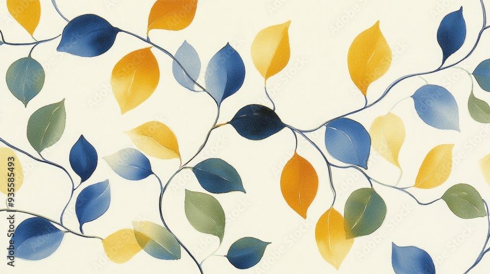 Whimsical Watercolor Leaves Blue, Yellow, and Green on a Cream Background, watercolor painting, leaf pattern, floral design, abstract art Whimsical Watercolor Leaves Blue, Yellow, and Green on a Cream Background, watercolor painting, leaf pattern, floral design, abstract art