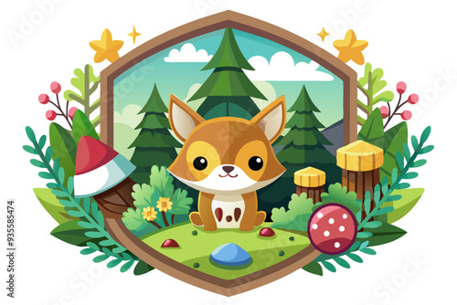 Cute Cartoon Fox in a Forest Setting Framed by Leaves and Flowers