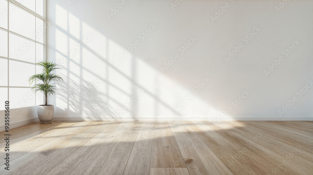 Sun shining through a window illuminating a plant in an empty room