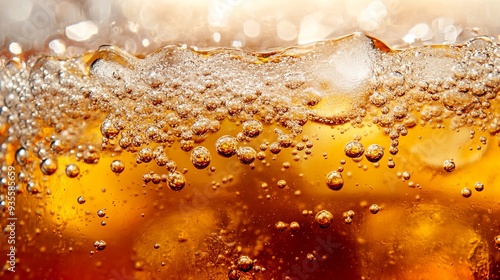 Macro shot of a fizzy drink with ice, highlighting the sparkling bubbles and rich amber colors. A refreshing image perfect for summer-themed designs.