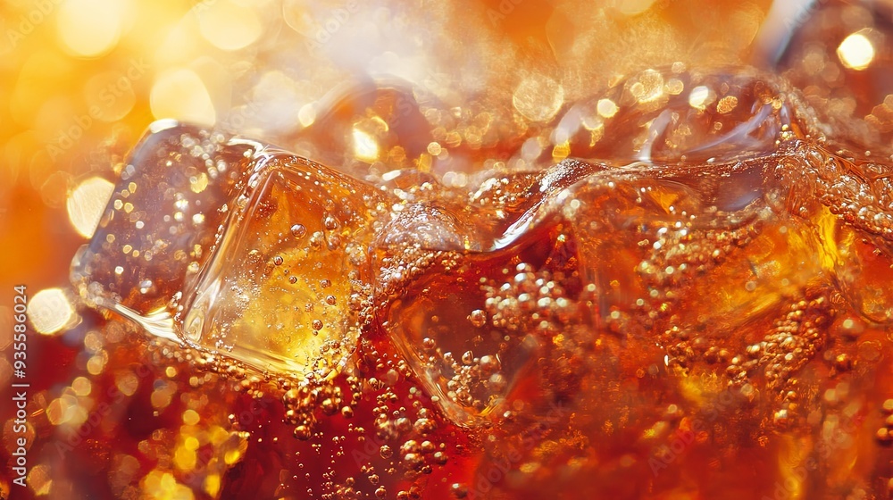 Detailed macro of soda with ice cubes, focusing on the effervescence and rich amber color. Ideal for beverage advertising with a refreshing theme. Detailed macro of soda with ice cubes, focusing on the effervescence and rich amber color. Ideal for beverage advertising with a refreshing theme.