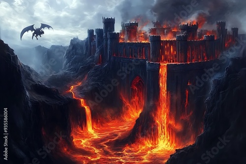 Fantasy landscape, a large castle in a dark world and burning fire in the city