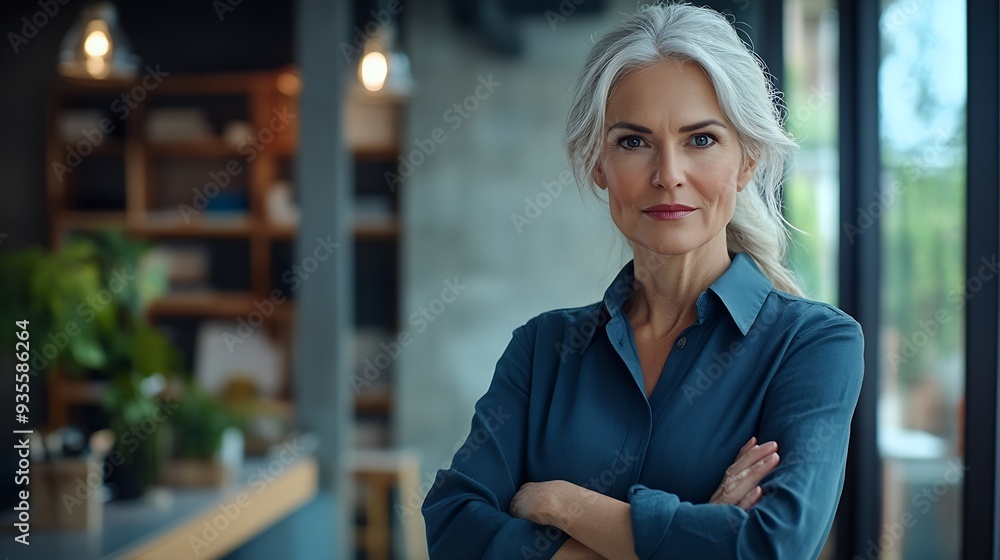 Confident mature woman with arms crossed standing in a modern office portraying professionalism and experience : Generative AI Confident mature woman with arms crossed standing in a modern office portraying professionalism and experience : Generative AI