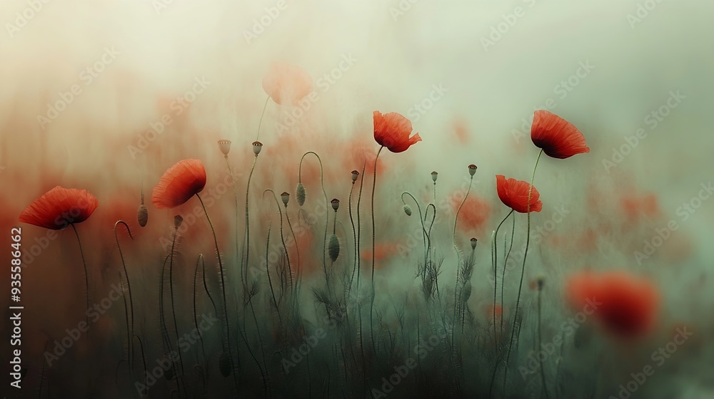 Naklejka premium An artistic blur effect capturing the delicate beauty of red poppies in soft focus creating a dreamlike ethereal atmosphere : Generative AI