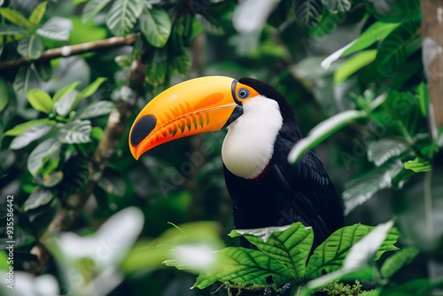 Colorful toucan perched on a branch in a tropical rainforest, its large beak contrasting against the lush greenery photo