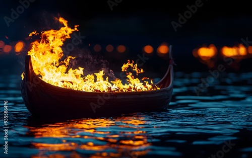 A Viking funeral pyre on a boat, with flames consuming the wooden vessel as it floats away.