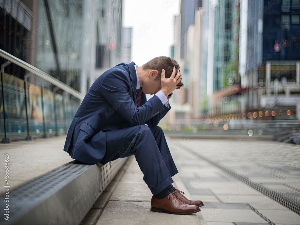 A tired or stressed engineer sitting on a walkway, symbolizing the crisis of unemployment and economic failure A tired or stressed engineer sitting on a walkway, symbolizing the crisis of unemployment and economic failure
