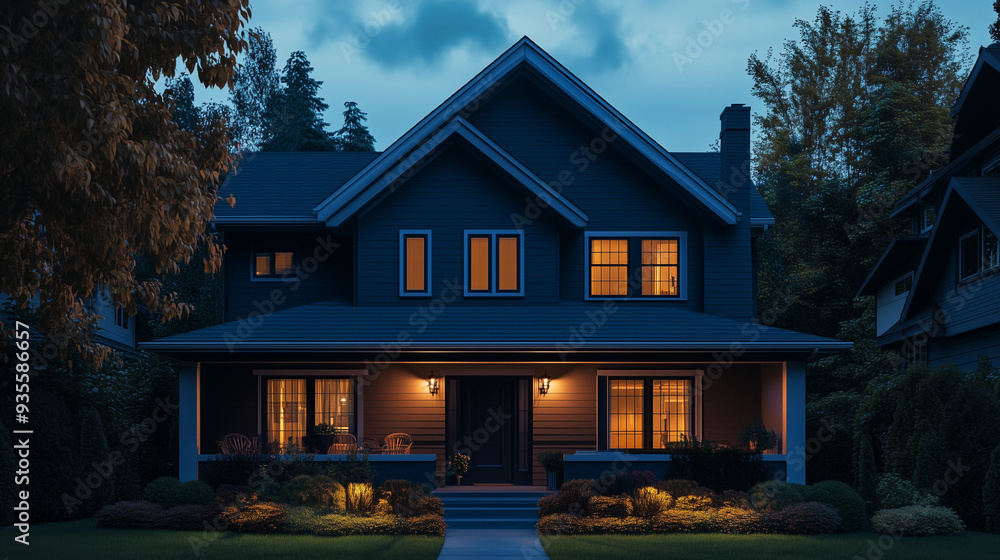 Cozy house with warm lights at dusk surrounded by autumn trees Cozy house with warm lights at dusk surrounded by autumn trees